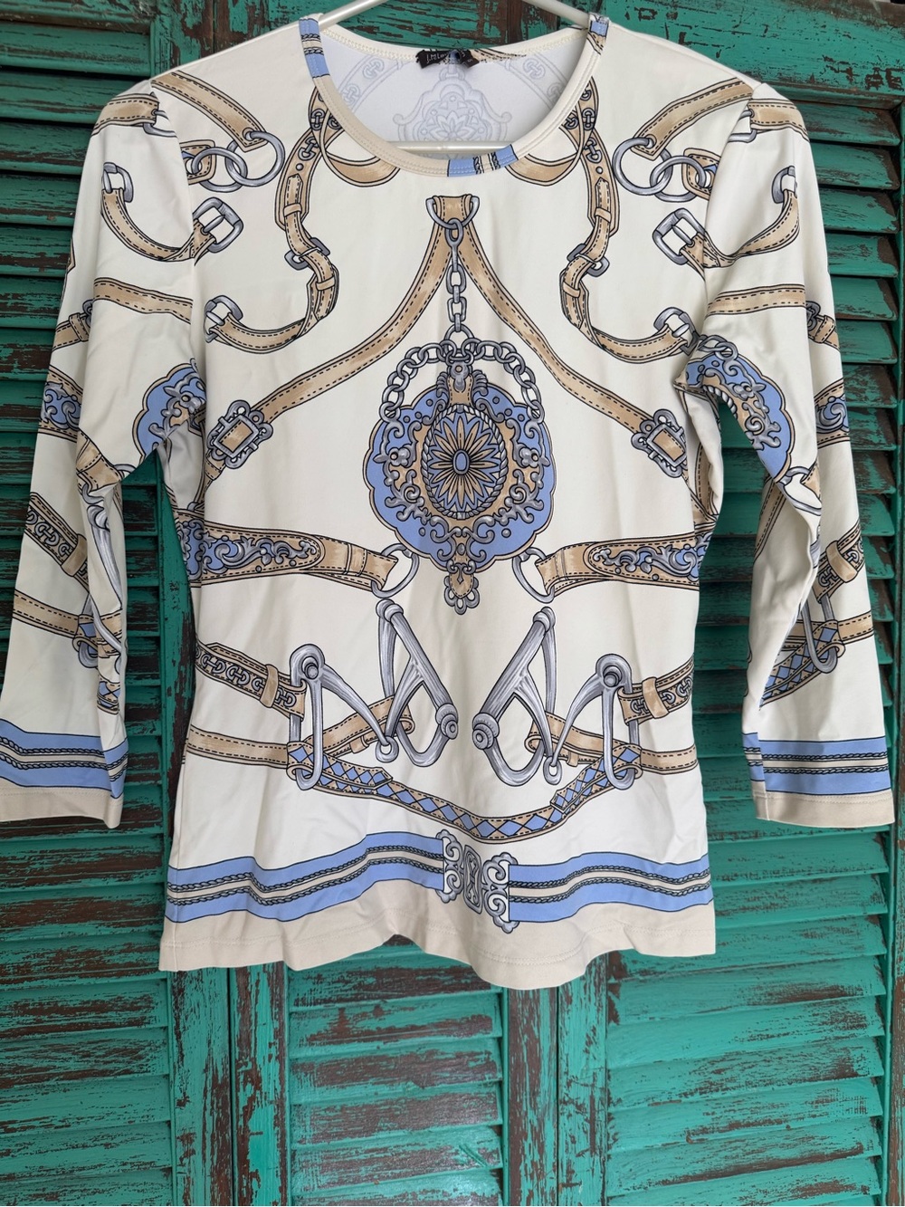J. McLaughlin Cream, Light Blue & Tan Equestrian Print Long Sleeve Top
